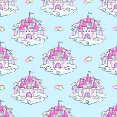 Fairy tale castle in clouds with rainbow behind, seamless pattern, background