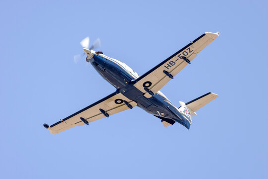 Luqa, Malta - June 30, 2023: Swiss Flight Services (SFS) Pilatus PC-12-45 (Reg: HB-FOZ) climbing from runway 13.
