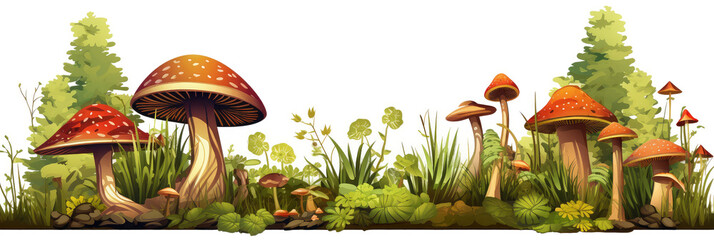 Fototapeta na wymiar Illustration of forest foliage and mushroom scenery isolated on white background as transparent PNG, generative AI