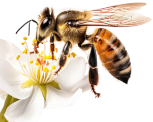 Bee sitting on white flower blossom isolated on white background as transparent PNG, generative AI animal