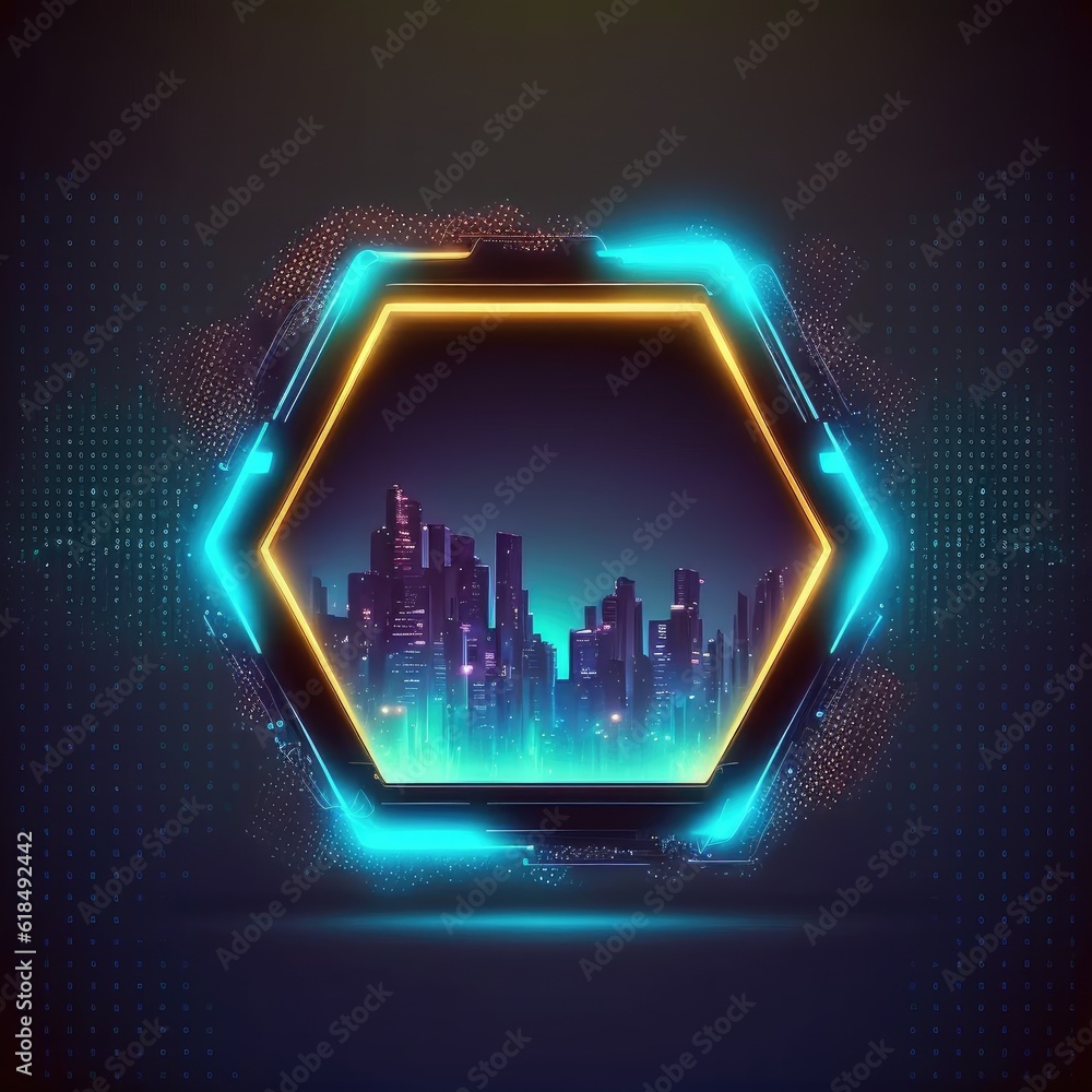 Poster futuristic of neon glowing in hexagon shape of cityscape. concept of colorful cyberpunk in building 