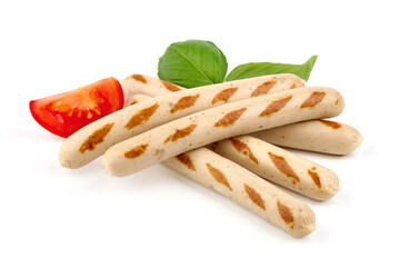 Grilled German White Thin sausages, isolated on a white background. Close-up.