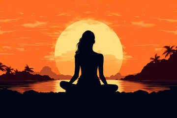 young woman silhouette in yoga lotus pose on tropical palm beach nature landscape illustration Generative AI