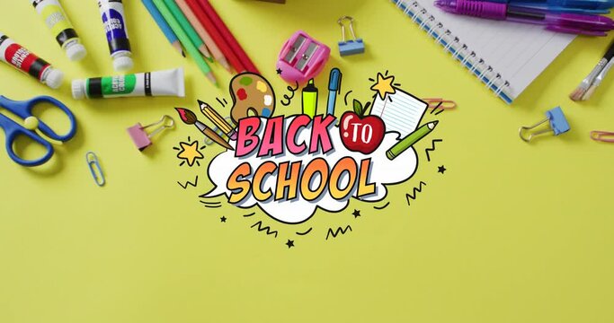 Animation of back to school text over school items on yellow background