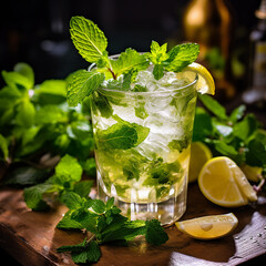 Refreshing summer alcoholic cocktail mojito with ice, fresh mint and lime AI generated