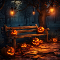 A spooky forest sunset with a haunted evil glowing eyes of Jack O' Lanterns on a scary halloween night AI generated