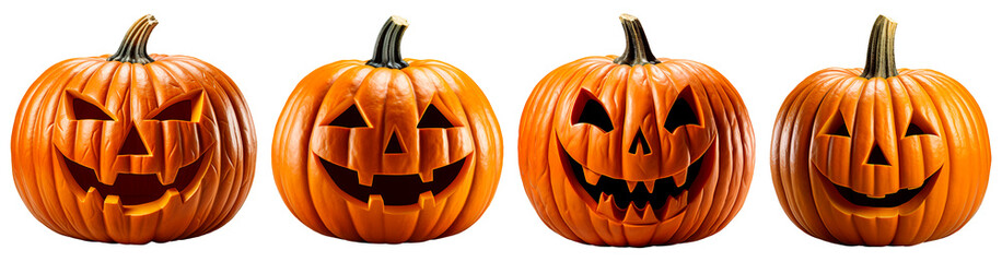 Set of four funny halloween pumpkins. Isolated on transparent background. Generative Ai - obrazy, fototapety, plakaty