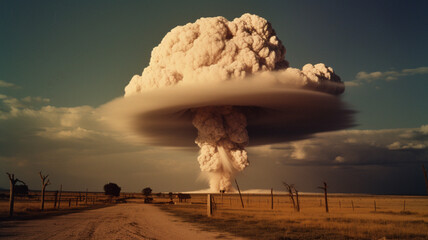 Fototapeta na wymiar Smoke, apocalypse and nuclear explosion of bomb in countryside for battle, disaster and armageddon. Disaster, crisis and danger with attack with mushroom cloud for ai generated, atomic and power
