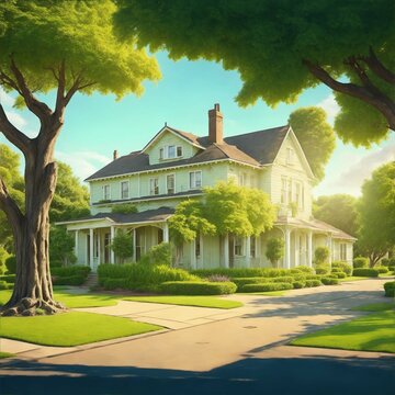 picturesque western house, nestled amidst a front lawn, clean road,surrounded by lush green trees that exude summer vibes. sunlight gracefully illuminates the house. AI image, artificial intelligence