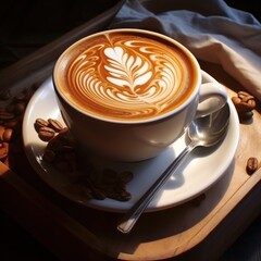 Cup of cappuccino coffee with latte art stands on a table in sunlight, AI generated image