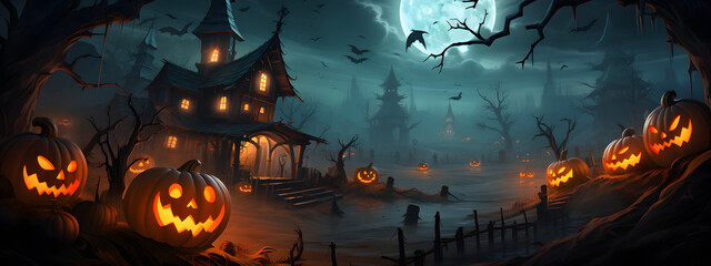 Behold the haunted house and Halloween pumpkin, a symbol of spooky delights! With a mischievous grin and glowing eyes, it exudes a festive charm. AI Generated - obrazy, fototapety, plakaty