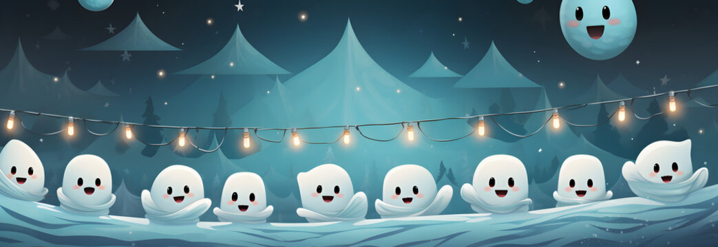 Line of spooky ghosts in a catroon style, a symbol of spooky delights! With a mischievous grin, it exudes a festive charm. AI Generated