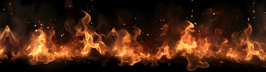 Fire and flying fire particles, Fire sparks background, abstract Fire and fire sparks, fire overlay,  Flames on isolated black background, Generative AI