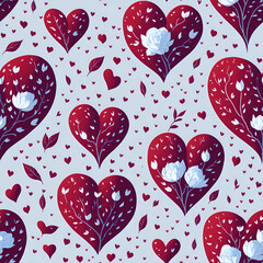 Fototapeta premium Passionate Red Hearts with White Roses Pattern