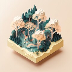 3d render. Nature concept. Isometric forest with trees and bushes. 