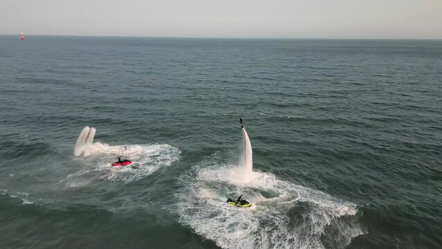 Aerial view of Fly Board, Jet Ski show at haeundae, Busan, South Korea