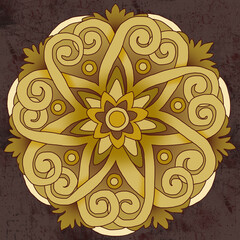 Golden traditional round shaped ornament with curvy ethnic decorative elements on a grunge brown background