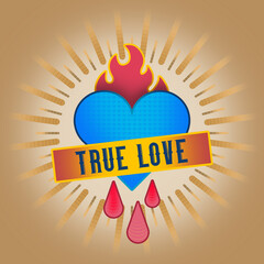 Modern blue heart shape with typography, red flame and red blood drops. "True Love" modern digital artwork with colourful elements and forms.