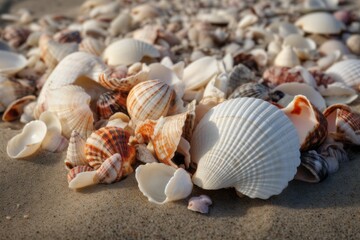 Seashells on the beach under the warm summer sun. Fine sand. Generative ai - 618495618