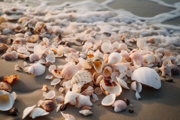 Seashells on the beach under the warm summer sun. Fine sand. Generative ai - 618495642