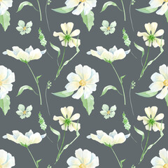 Watercolor delicate wildflowers, herbs floral seamless pattern on dark back, Meadow wild flower and foliage, leaf, plants. Spring garden, Repeatable texture, wrapping paper, wallpaper, fabric, textile