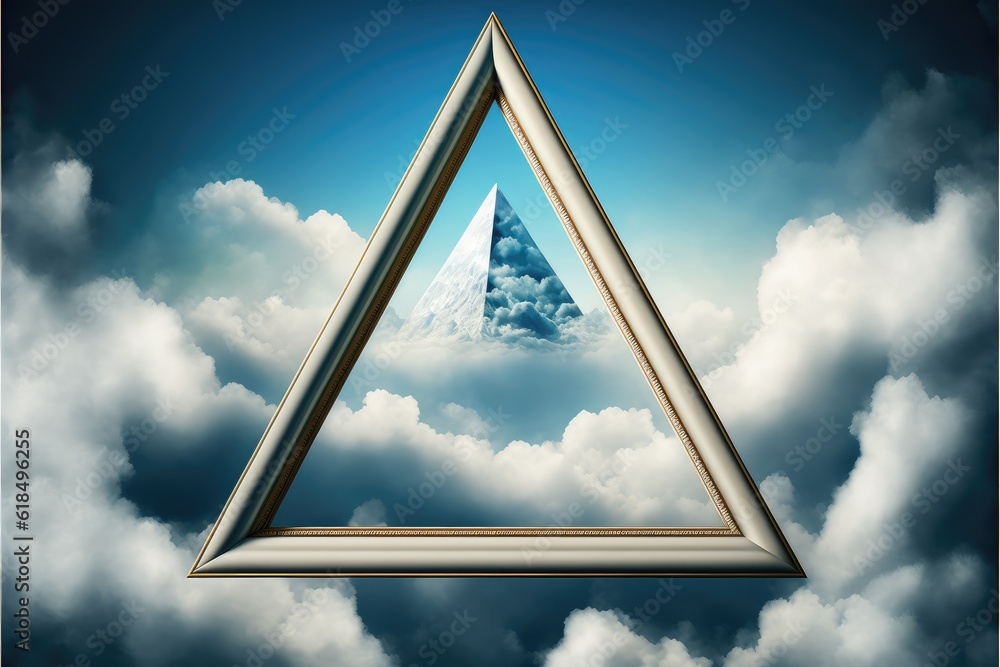 Poster frame made with covered white cloud in the sky in triangle shape. concept of luxurious fantasy windo