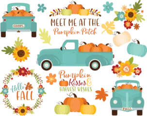 Fotobehang Auto cartoon Pumpkin Truck, Fall, mint blue