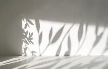 Blurred shadows from leafy plants on a white wall create a minimal abstract background, perfect for product presentations in spring and summer. Made with Generative AI technology