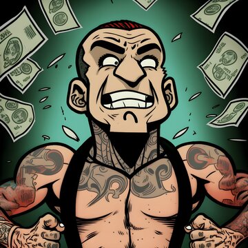 Cartoon Comicbook panel of a heavily tattooed man wearing a black vest with his mouth wide open and dollar signs for eyes 
