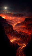 Beautiful scene of grand canyons with golwing rivers of red hot magma star filled sky at night Hades Greek mythology ultra realistic 8K resolution high definition texture 
