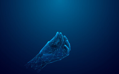 Abstract Digital Human Hand Holdings Something. Low poly Young Man or Woman Gesture on Blue Technology Background. Wireframe 3D vector illustration. Polygonal Fingers with Connected Glowing Dots.