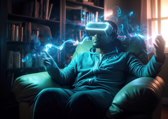 Naklejka na ściany i meble Young man wearing virtual reality goggles. Future technology concept. created with generative AI technology.