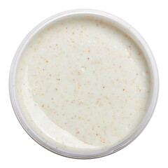 White cream cleanser scrub peeling texture isolated on white background. Skin care gentle exfoliation vegan cosmetic product creamy texture with organic particles for face and body