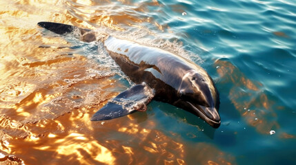 Dolphin suffering from water pollution by oil. Mammals come into contact with oil slicks while swimming or breathing near the surface of the water. Breathing problems, intoxication and skin damage