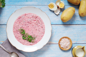 A plate with cold beetroot soup - national dish of Baltic region