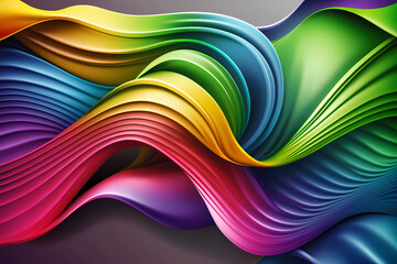 Abstract 3D rainbow colors background. Silk satin style backdrop with liquid wavy folds and trendy metal effect.