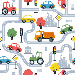 Colorful seamless pattern with cartoon transport, car, truck, roadway, traffic light, road sign in flat style. Endless texture for fabric, clothes, background, textile, wallpaper. Vector illustration.