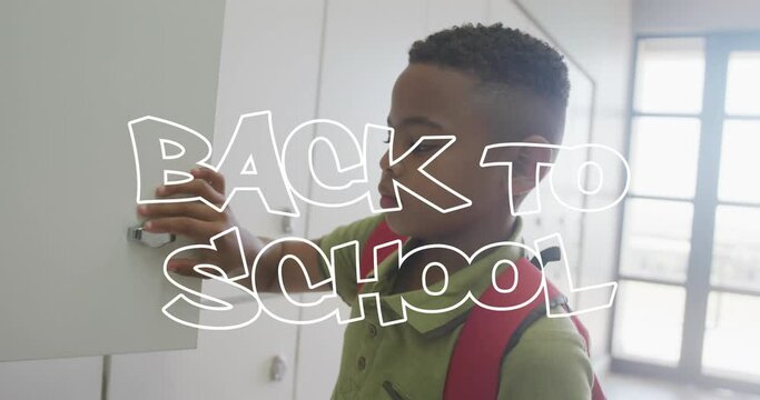Animation of back to school text over african american schoolboy closing his locker