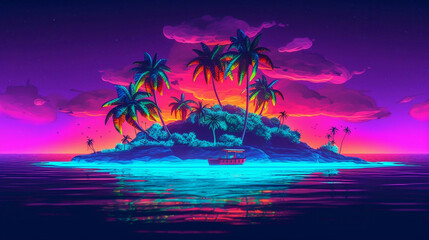 tropical island with palm trees neon style