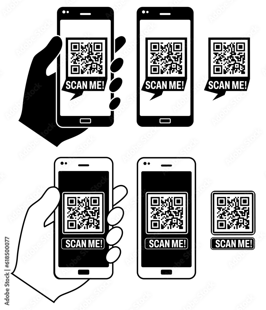 Poster set vector scan me icon. qr code barcode flat design template