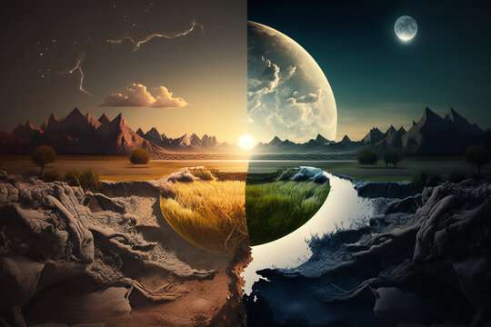 Day and night collage landscape. Fence near the meadow path on the hillside. Forest in mountains with sun and full moon. Equinox half day half night. Day and night background with landscape