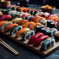 A Platter of Many Sushis. Sushi Feast . Generative AI