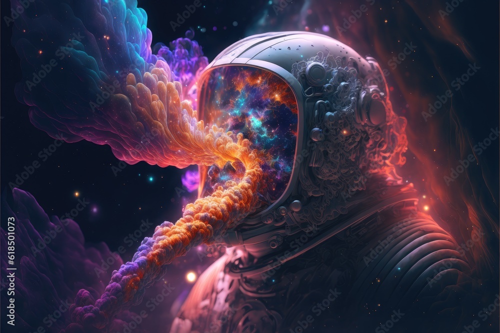 Poster surreal image of astronaut with floating intrinsic iridescent in nebula. element of colorful spiral 