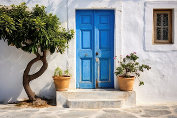 Fototapeta na wymiar Blue door on a whitewashed Greek house. Mediterranean style. Generative AI