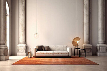 A contemporary minimal style room. Furnitures and modern lamps, ceiling, carpet. Generative AI