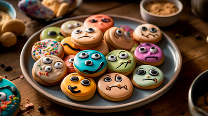 A plate of cookies with silly faces. AI Generated - obrazy, fototapety, plakaty