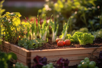 Raised bed gardens for growing vegetables or composting. Generative AI