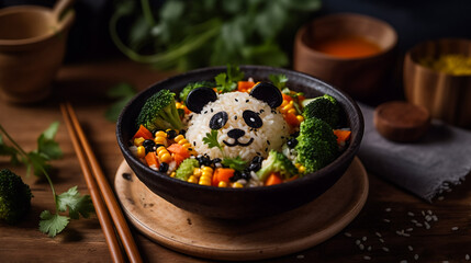 A plate of rice and vegetables arranged to look like a panda. AI Generated
