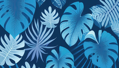 Fototapeta na wymiar Collection of tropical foliage plants in blue color with space background