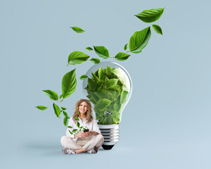 Idea of renewable energy and energy saving. Woman with smartphon is sitting and search sustainable...